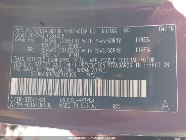 5TDKKRFH7GS149095 Toyota Highlander Xle V6