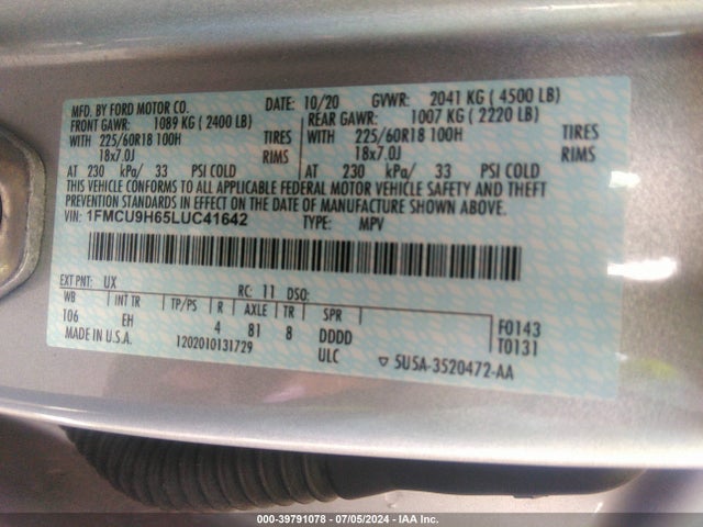 1FMCU9H65LUC41642 Ford ESCAPE SEL