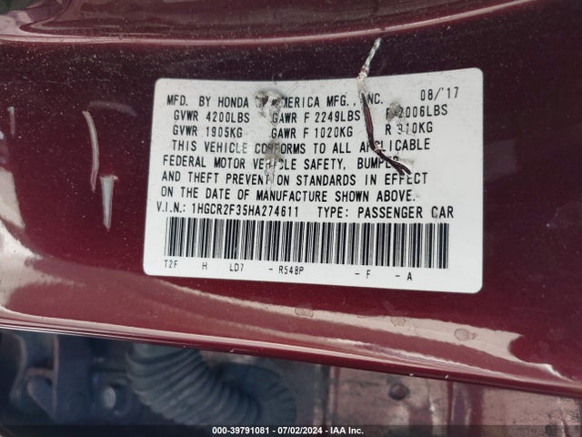 Honda ACCORD LX 2017 1HGCR2F35HA274611 Image 9