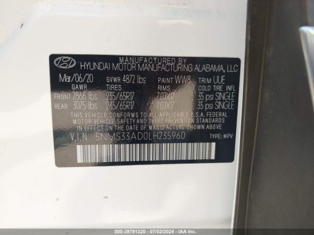 5NMS33AD0LH235960 Hyundai Santa Fe Sel
