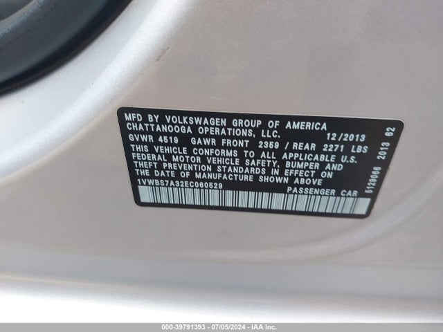 Aukcja sprzedaży 2014 Volkswagen Passat 1.8t Se, vin: 1VWBS7A32EC060529, numer aukcji: 39791393
