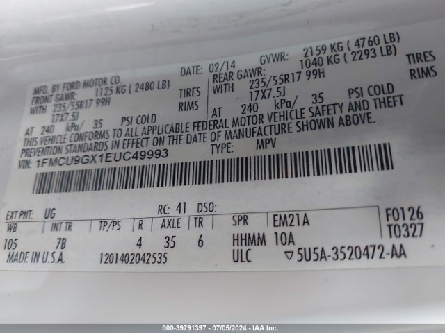 Ford ESCAPE SE 2014 1FMCU9GX1EUC49993 Image 9