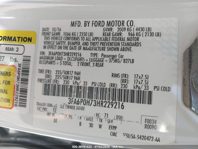 Ford FUSION SE 2017 3FA6P0H73HR229216 Image 9