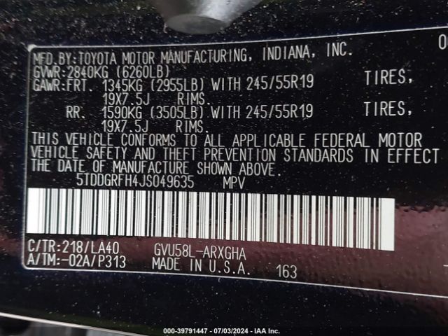 5TDDGRFH4JS049635 Toyota Highlander Hybrid Limited Platinum
