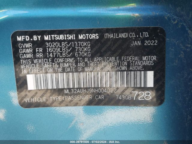 ML32AUHJ9NH004022 Mitsubishi Mirage Es/le