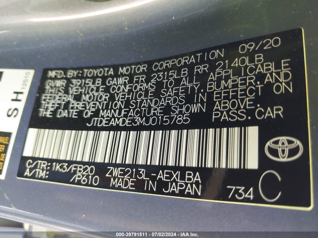 Toyota Corolla Hybrid Le 2021 JTDEAMDE3MJ015785 Image 9