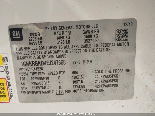 Chevrolet Traverse 1lt 2014 1GNKRGKD4EJ247358 Image 9