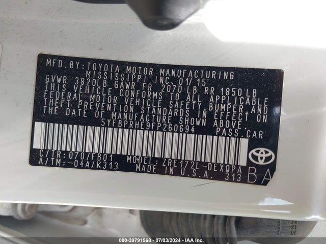 Toyota Corolla Le Eco 2015 5YFBPRHE9FP260694 Image 9