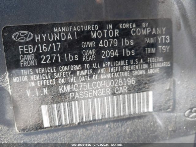 KMHC75LC0HU028196 Hyundai Ioniq Hybrid Sel