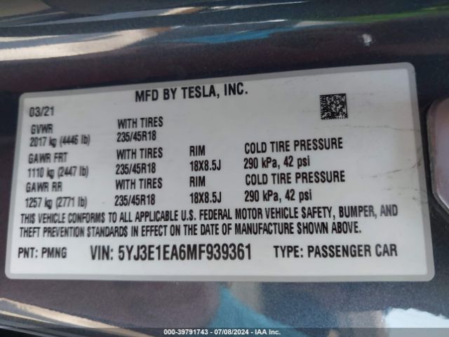 5YJ3E1EA6MF939361 Tesla Model 3 Standard Range Plus Rear-wheel Drive