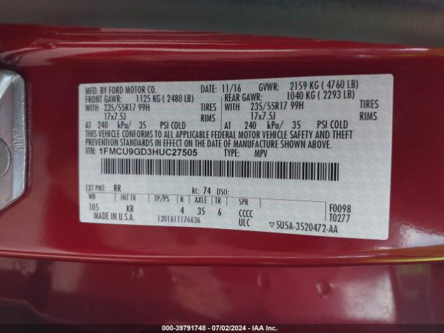 1FMCU9GD3HUC27505 Ford ESCAPE SE