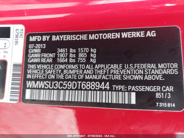 2013 MINI HARDTOP WMWSU3C59DT688944 Photo 8