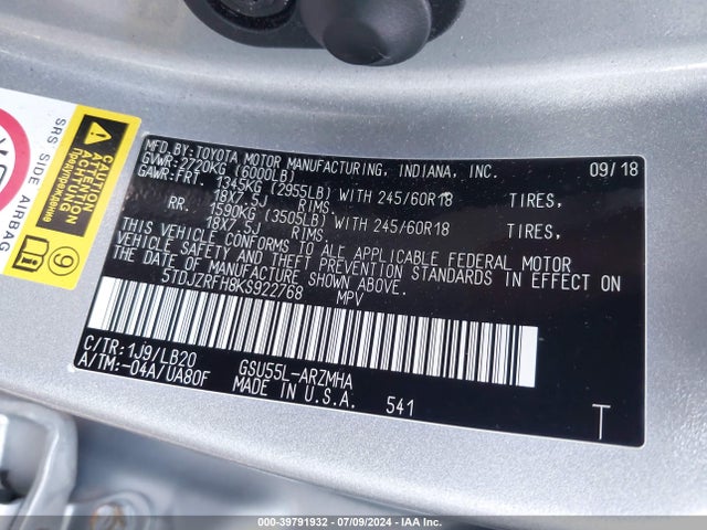 Toyota Highlander Xle 2019 5TDJZRFH8KS922768 Image 9