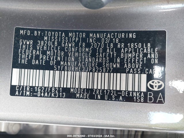 Toyota COROLLA LE 2018 5YFBURHE3JP825877 Image 9
