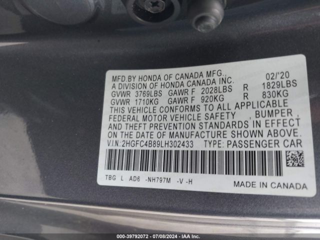 2HGFC4B89LH302433 Honda Civic Sport