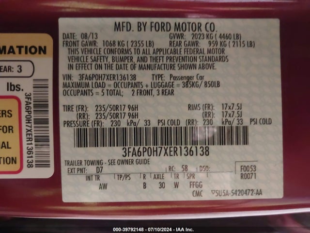 Ford FUSION SE 2014 3FA6P0H7XER136138 Image 9