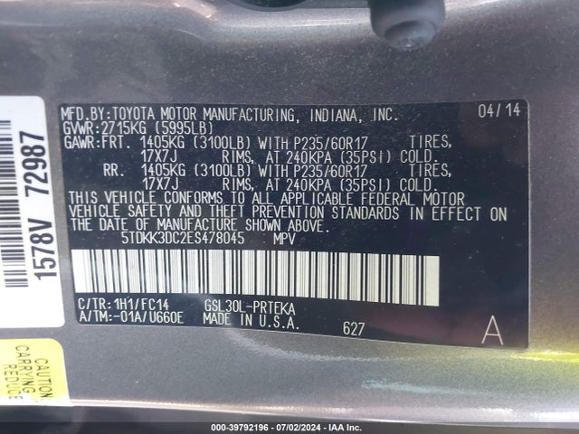 Toyota Sienna Le V6 8 Passenger 2014 5TDKK3DC2ES478045 Image 9