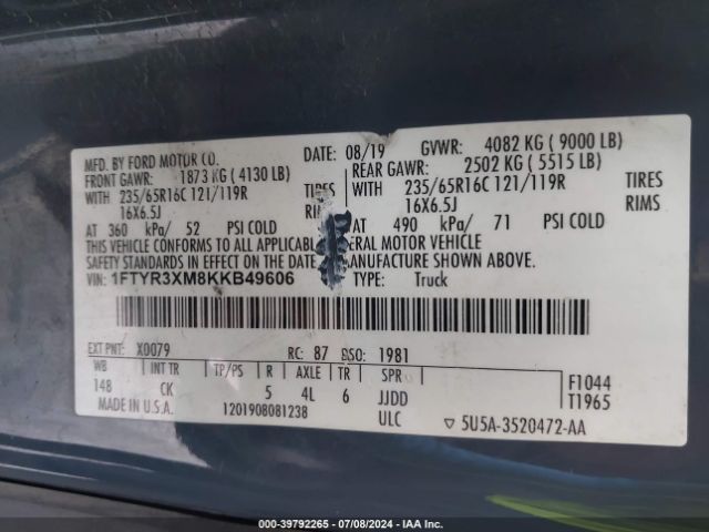 1FTYR3XM8KKB49606 Ford Transit-250