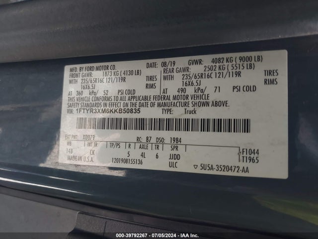 Ford Transit-250 2019 1FTYR3XM6KKB50835 Image 9