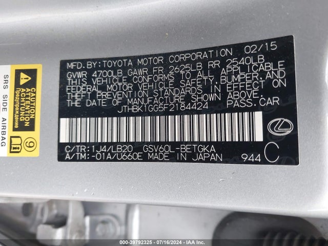 Lexus ES 350 2015 JTHBK1GG5F2184424 Image 9