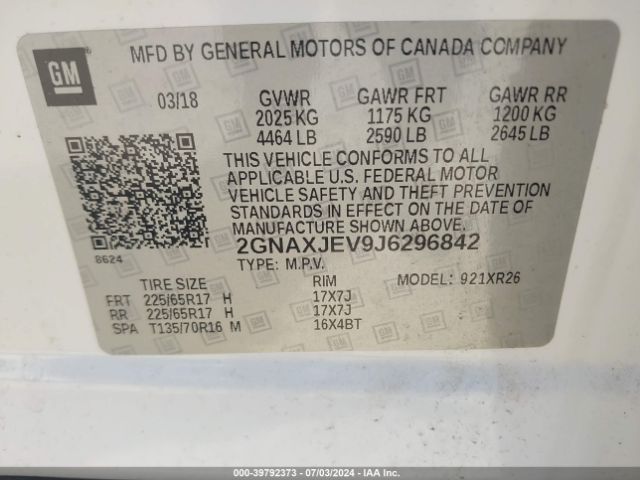 2GNAXJEV9J6296842 Chevrolet EQUINOX LT
