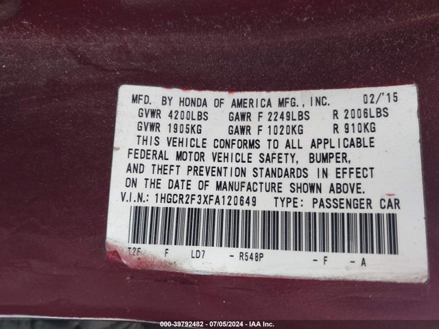 Honda ACCORD LX 2015 1HGCR2F3XFA120649 Image 9