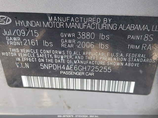 Hyundai ELANTRA SE 2016 5NPDH4AE6GH725255 Image 9