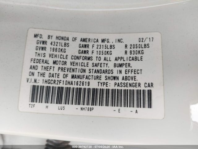 1HGCR2F10HA162619 Honda Accord Sport Se