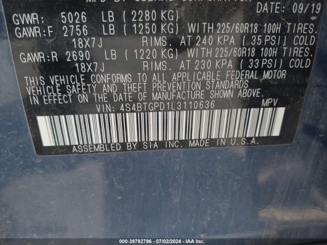 4S4BTGPD1L3110636 Subaru Outback Touring Xt
