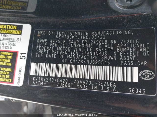 Toyota CAMRY LE 2022 4T1C11AK4NU695515 Image 9