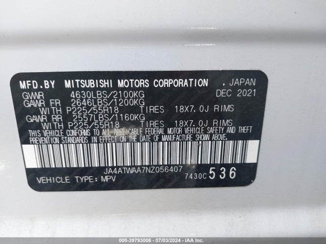 JA4ATWAA7NZ056407 Mitsubishi Eclipse Cross Se S-awc/se Special Edition S-awc/sel S-awc/sel Special Edition S-awc