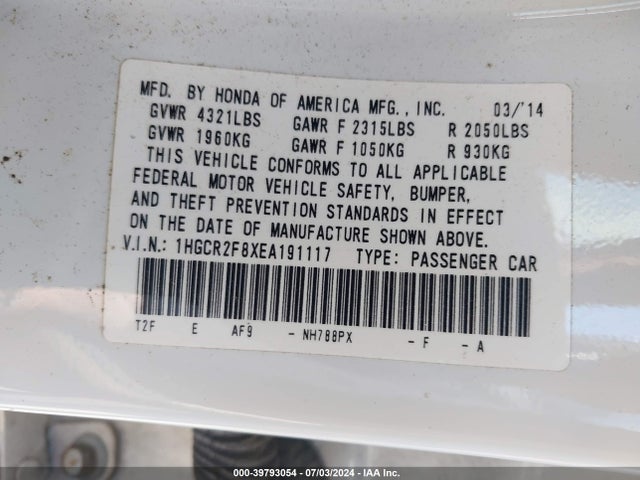 Honda Accord Ex-l 2014 1HGCR2F8XEA191117 Image 9