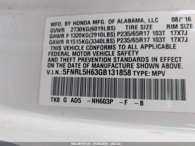 Honda Odyssey Ex-l 2016 5FNRL5H63GB131858 Image 9