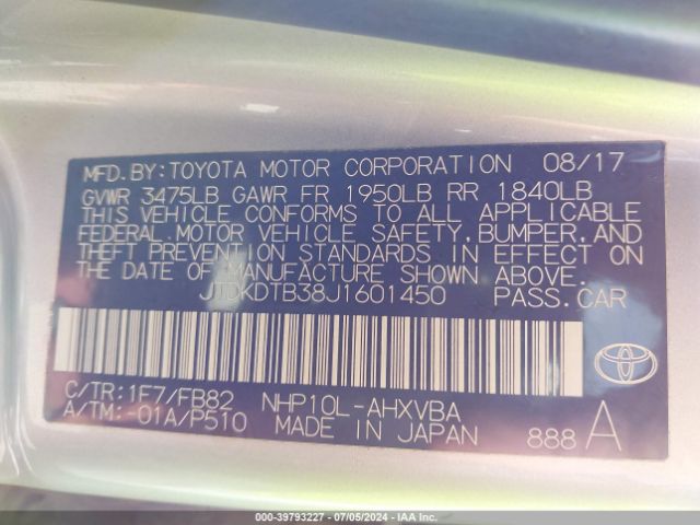 JTDKDTB38J1601450 Toyota Prius C Two