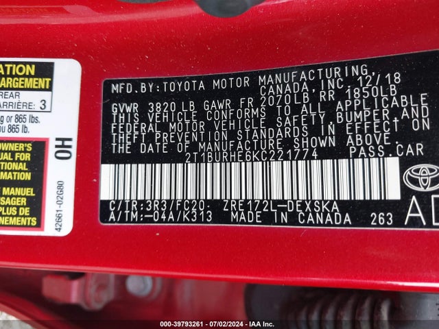 Toyota COROLLA SE 2019 2T1BURHE6KC221774 Image 9