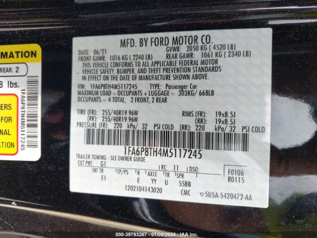 1FA6P8TH4M5117245 Ford Mustang Ecoboost Premium Fastback