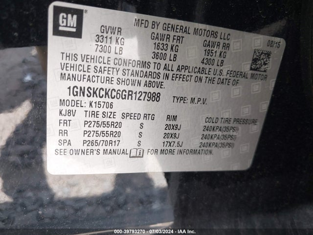 1GNSKCKC6GR127988 Chevrolet Tahoe Ltz