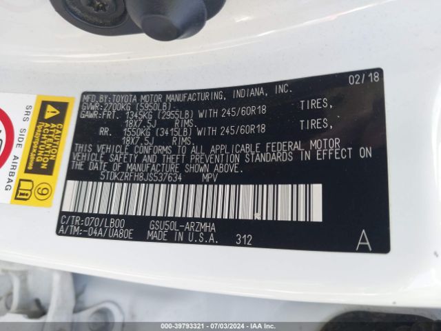 5TDKZRFH8JS537634 Toyota Highlander Xle