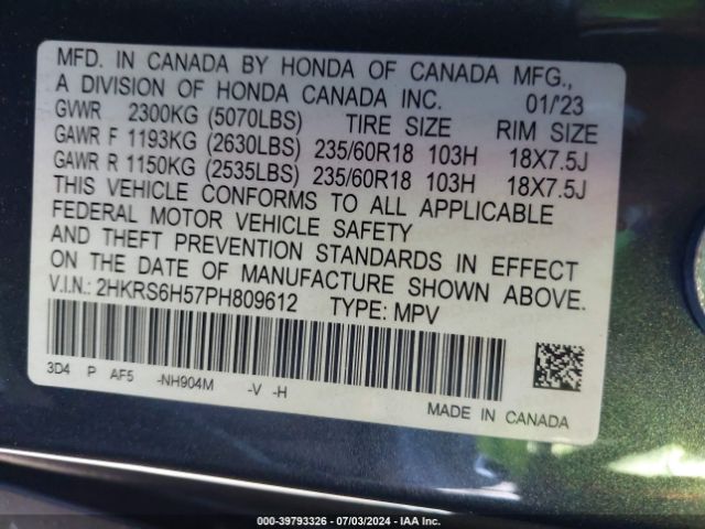 2HKRS6H57PH809612 Honda Cr-v Hybrid Sport