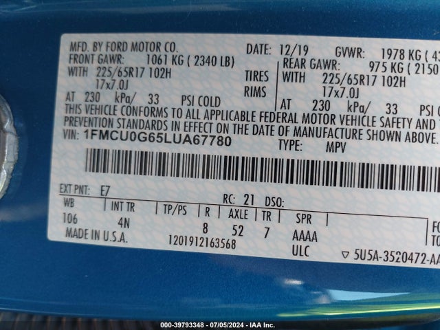 Ford ESCAPE SE 2020 1FMCU0G65LUA67780 Image 9