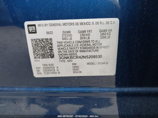 3GNKBCR42NS208530 Chevrolet Blazer Fwd 2lt
