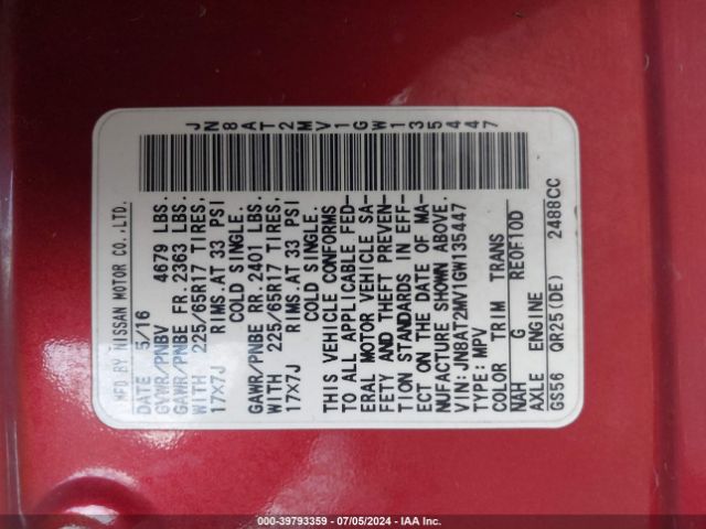 JN8AT2MV1GW135447 Nissan ROGUE S