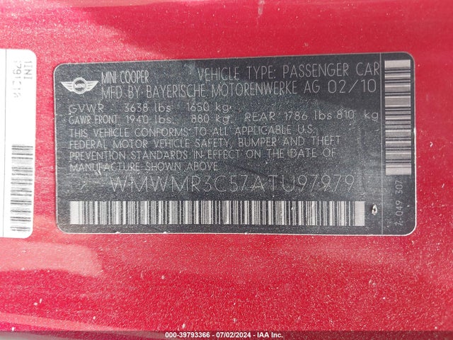 2010 MINI COOPER WMWMR3C57ATU97979 Photo 8