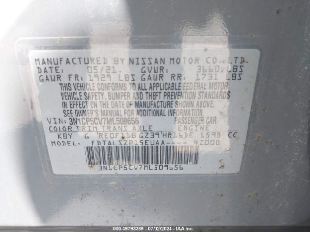 3N1CP5CV7ML509656 Nissan Kicks Sv Xtronic Cvt