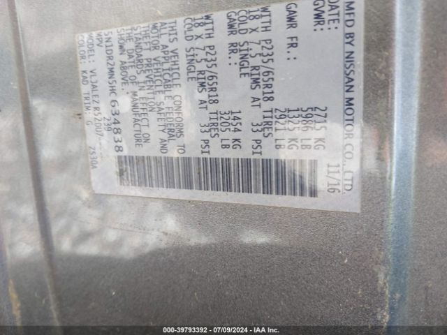 5N1DR2MN5HC634838 Nissan Pathfinder Sv