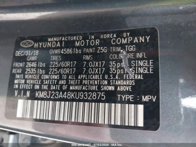 KM8J23A48KU932875 Hyundai TUCSON SE
