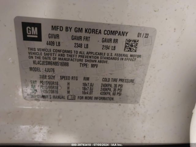 KL4CJESM6NB516988 Buick Encore Awd Preferred