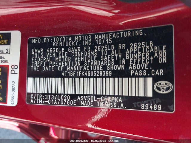 Toyota CAMRY XSE 2016 4T1BF1FK4GU528399 Image 9