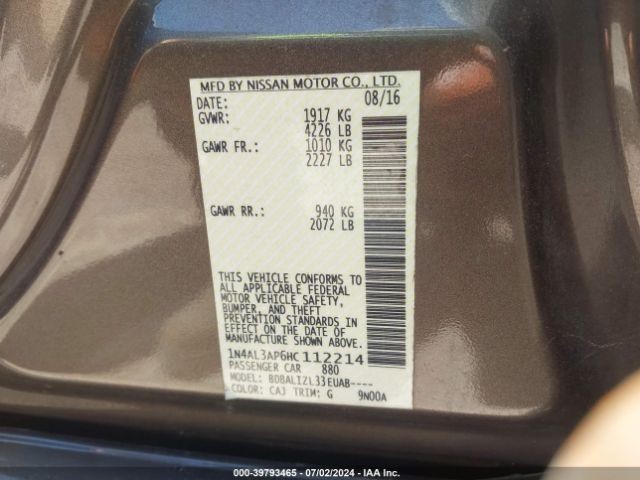 1N4AL3AP6HC112214 Nissan Altima 2.5/2.5 S/2.5 Sl/2.5 Sr/2.5 Sv