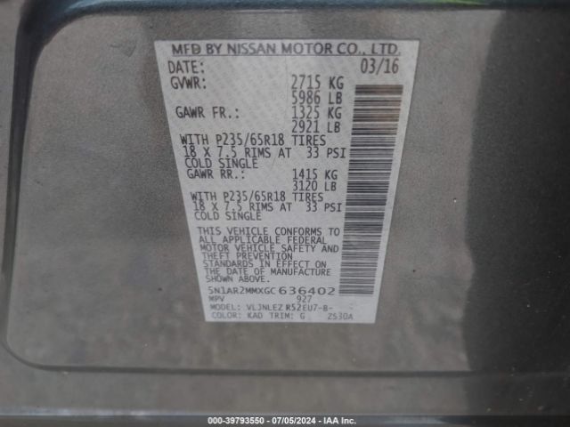 5N1AR2MMXGC636402 Nissan Pathfinder Platinum/s/sl/sv